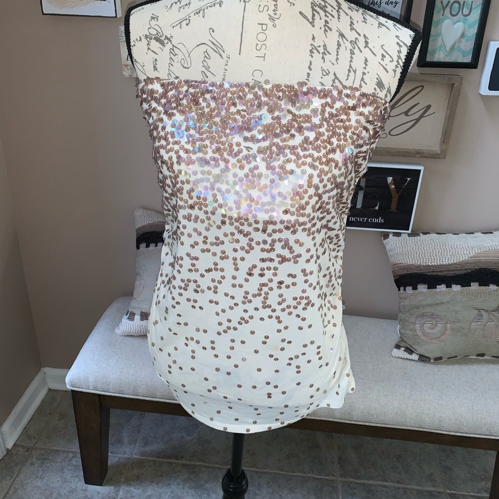 Express Basic Cream Strapless Top Gold Sparkes L